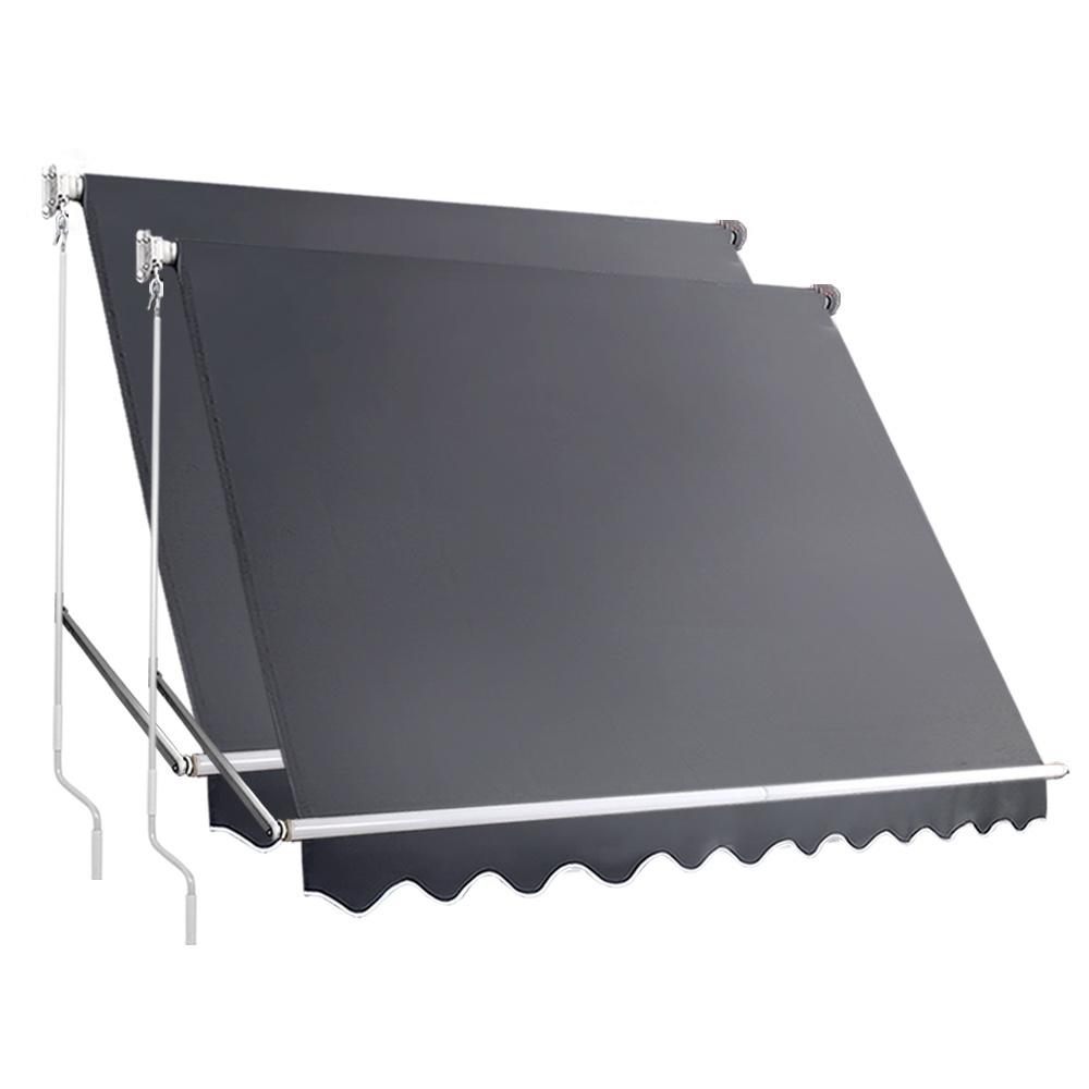 Instahut Fixed Pivot Arm Window Awning in grey, showcasing its sturdy aluminum frame and breathable polyester fabric, ideal for outdoor shading.